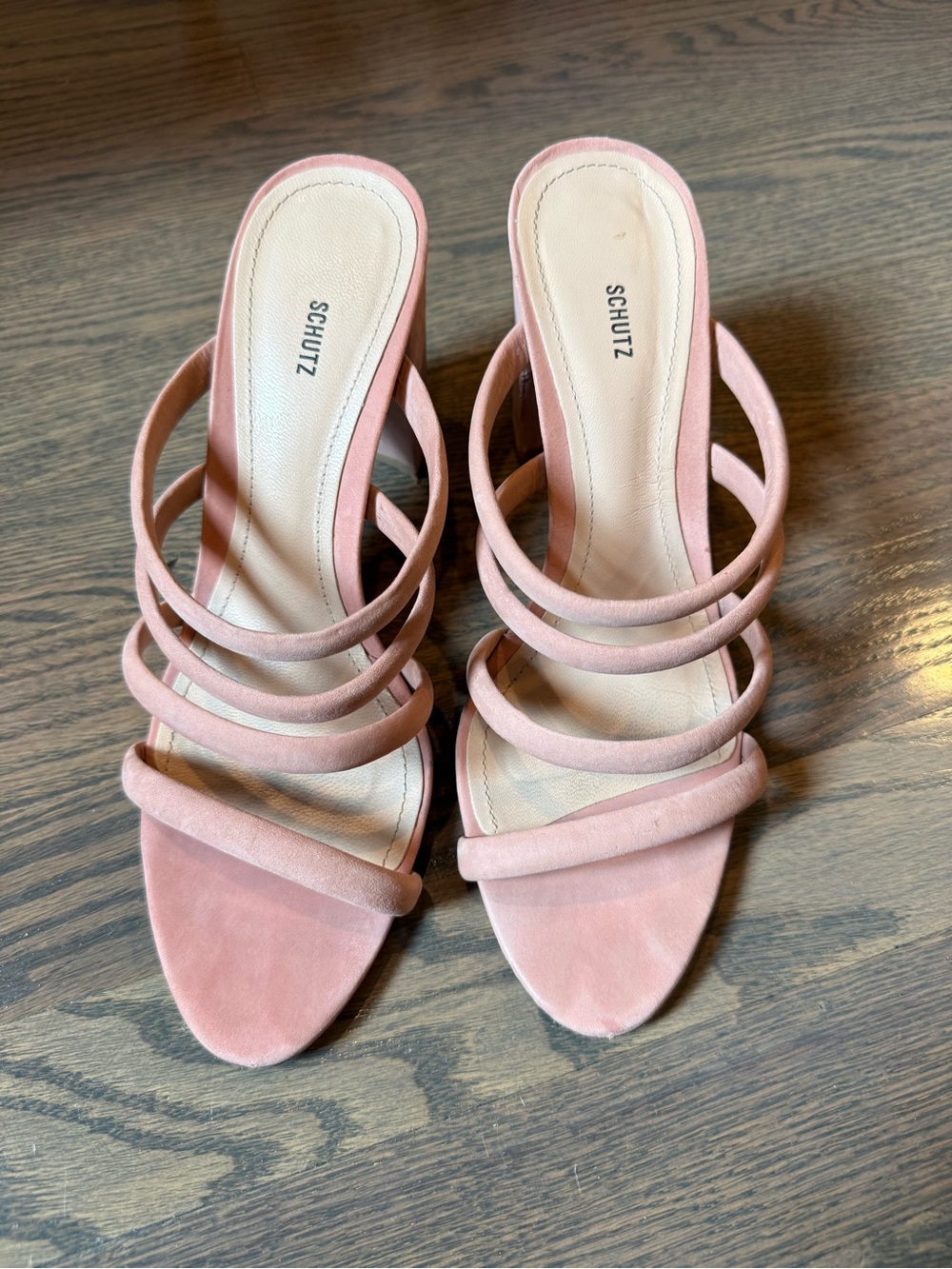 SCHUTZ Blush Pink Multi-Strap Suede Slide Sandals